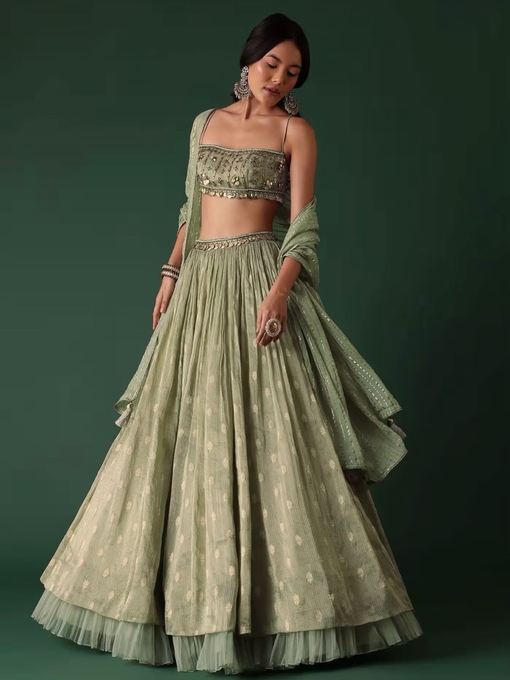 KALKI Pale Olive Green Printed Banarasi Silk Lehenga Set